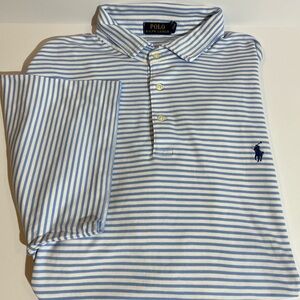 Polo Ralph Lauren Polo Shirt Men's 2XLT Blue White Striped Cotton Blue Pony Logo